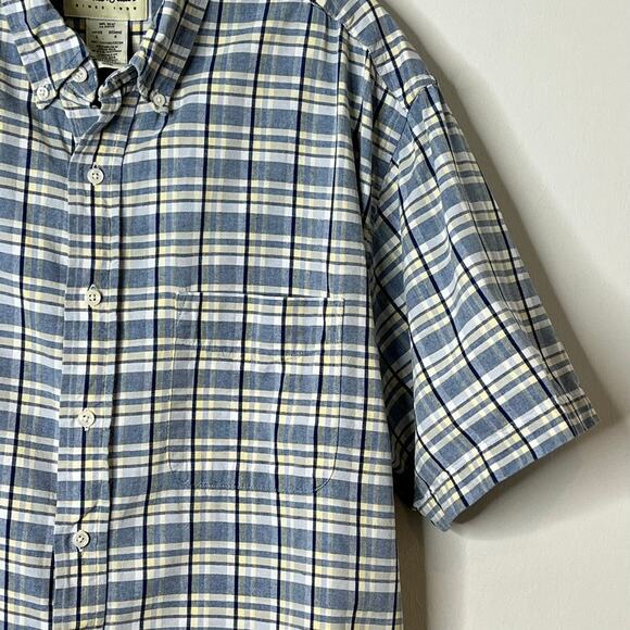 Eddie Bauer Short Sleeve Plaid Button Front Shirt White Blue Yellow Mens Large - Picture 6 of 9